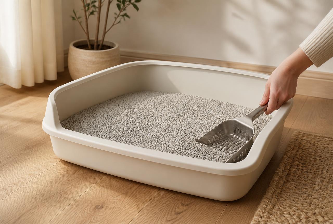 A large open cream litter tray on an oak floor filled with an even layer of pale grey litter, a metal scoop in hand at the edge
