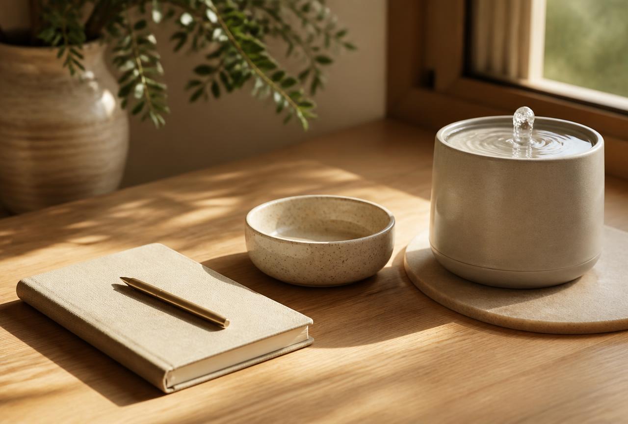A linen notebook and pen on an oak table beside a ceramic cat bowl and a water fountain in morning light