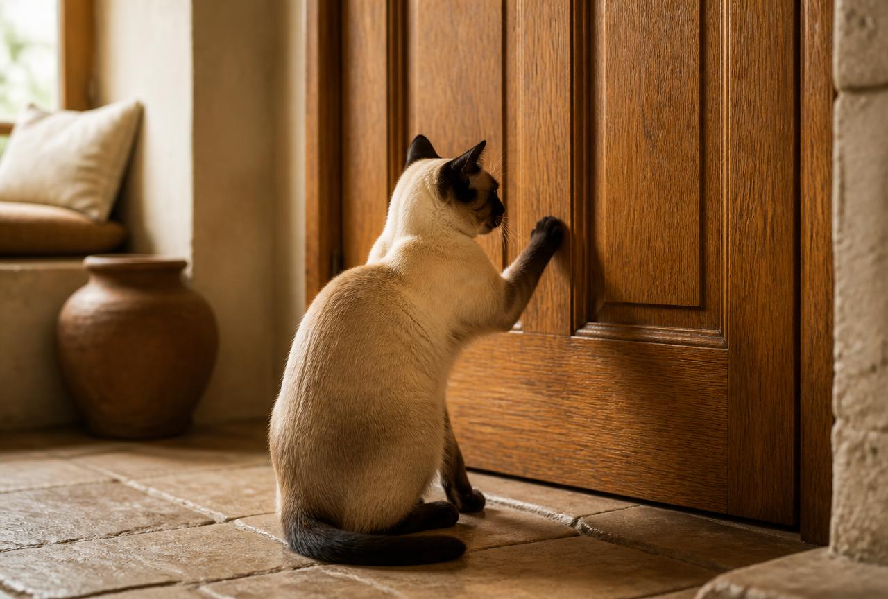 A Siamese cat sitting on a stone floor with one paw raised against a closed panelled oak door