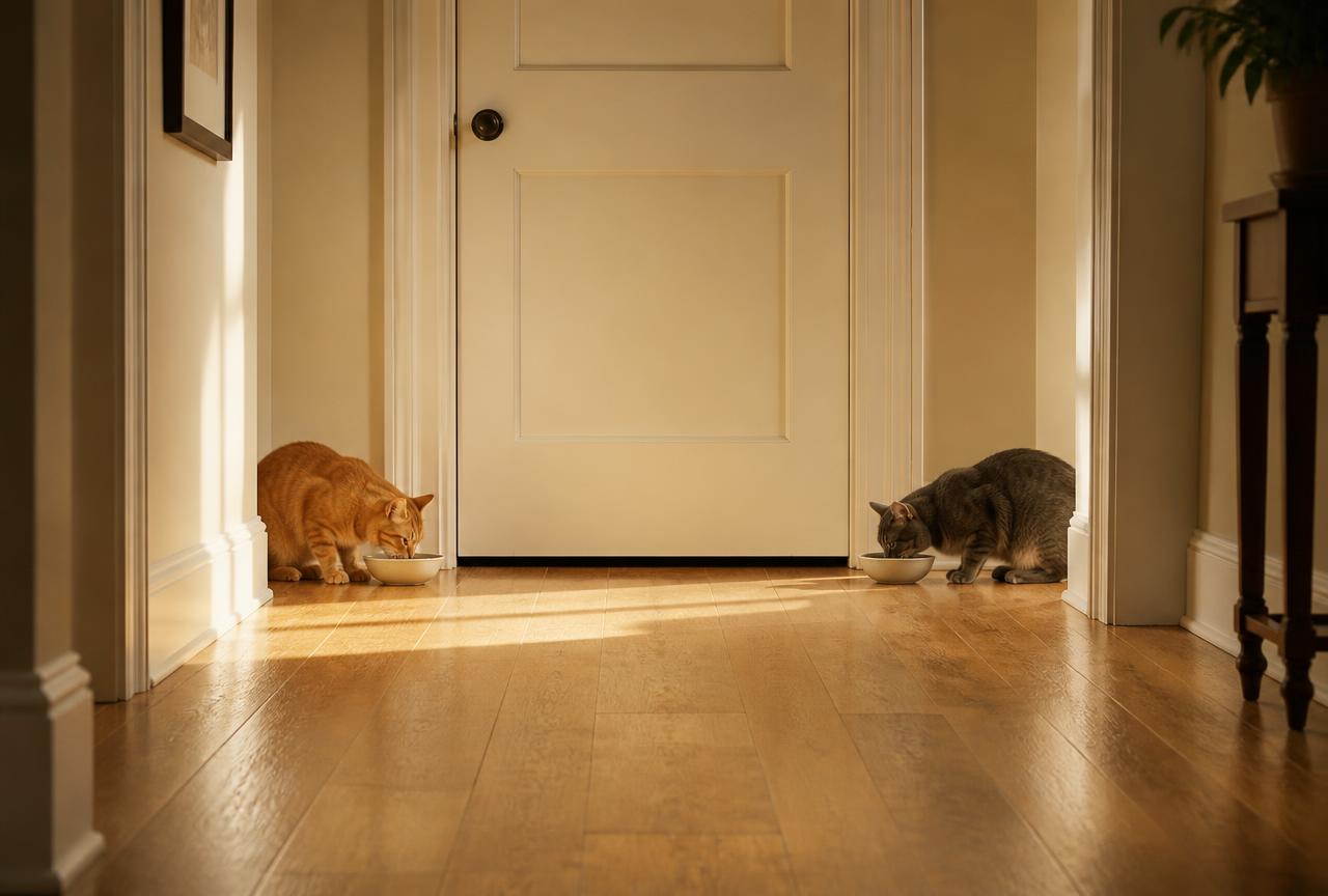 Two cats eating from separate ceramic bowls placed on either side of a closed cream door in a sunlit hallway