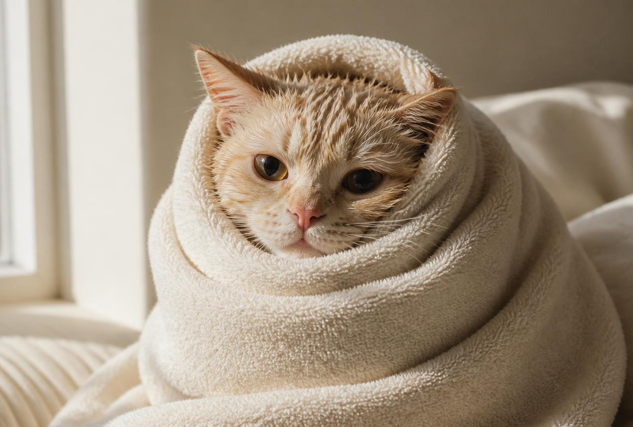 A damp cat wrapped snugly in a thick cream towel with only its head visible