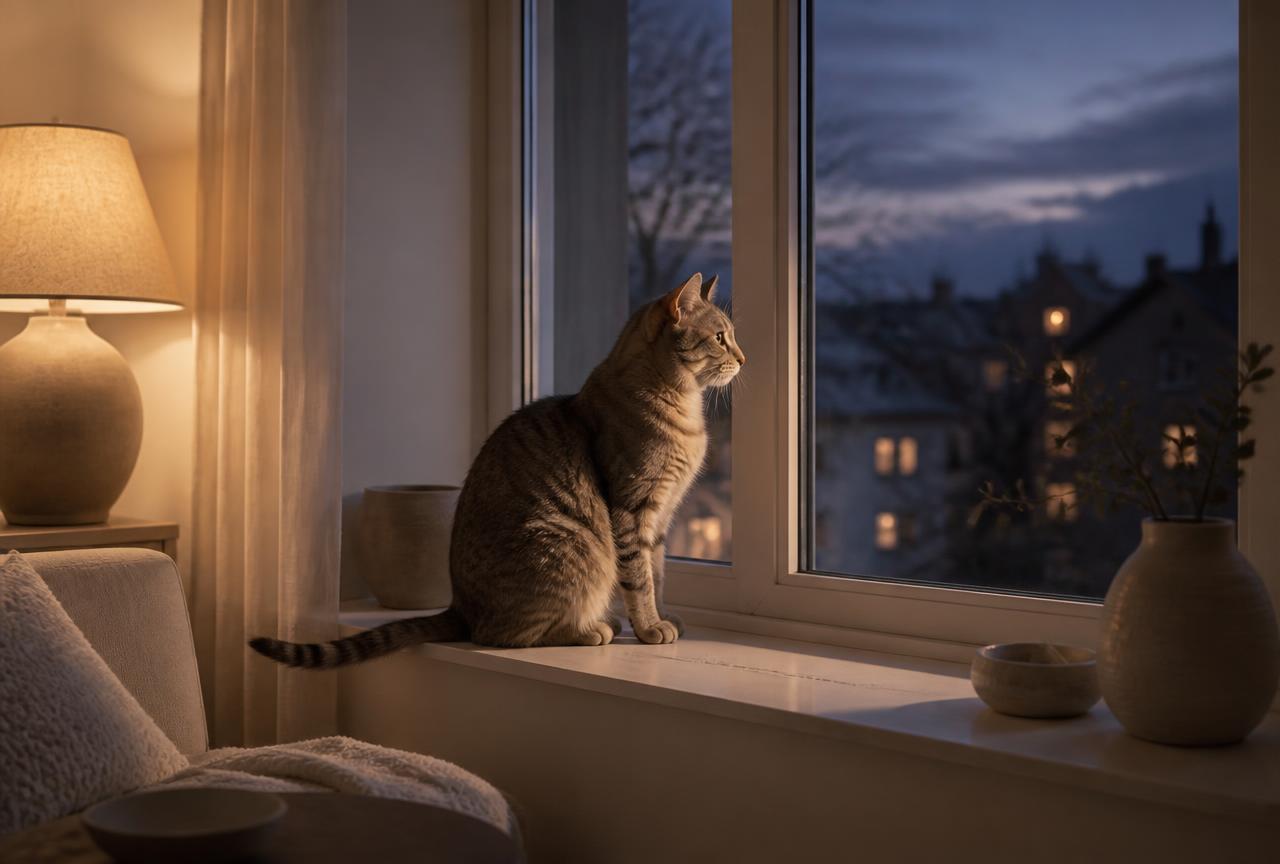 A cat sitting upright and alert on a window sill at dusk, watching the street outside