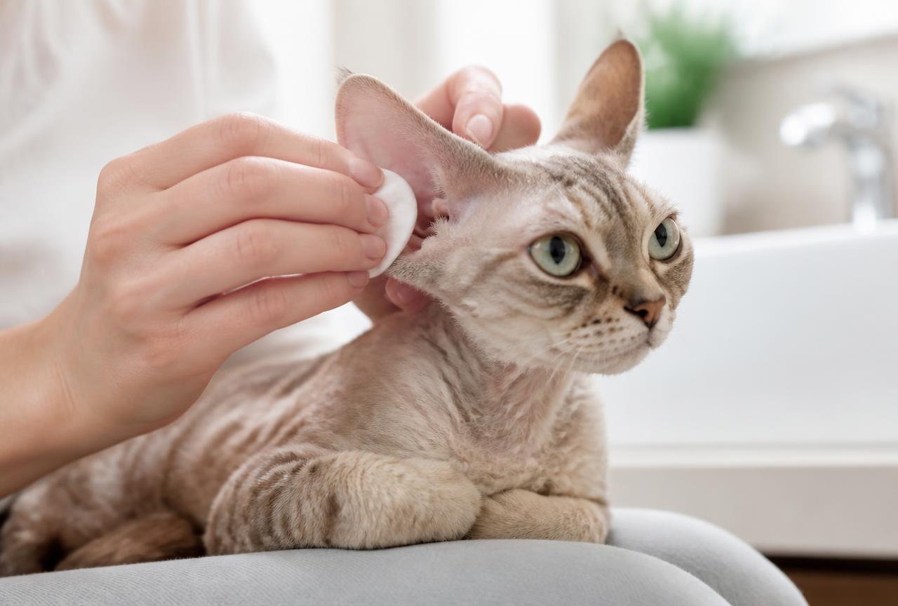 Hands gently cleaning a Devon Rex cat's large ear with a soft cotton pad