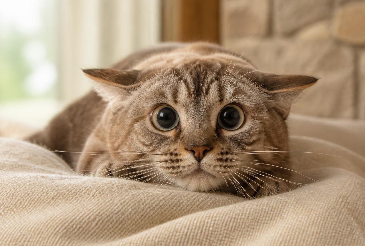 Close-up of a tabby cat with ears rotated out to the sides and very wide dark pupils, lying tense on a cream blanket