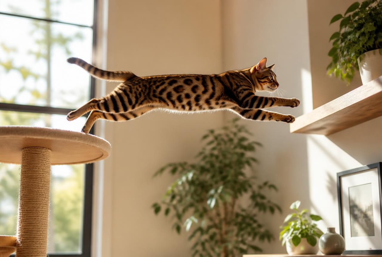 A Bengal cat frozen mid-leap between a cat tree and a shelf in a bright living room