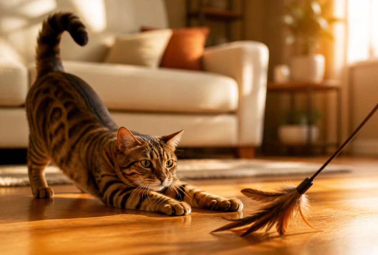 A cat in a play bow chasing a feather wand across a sunlit oak floor