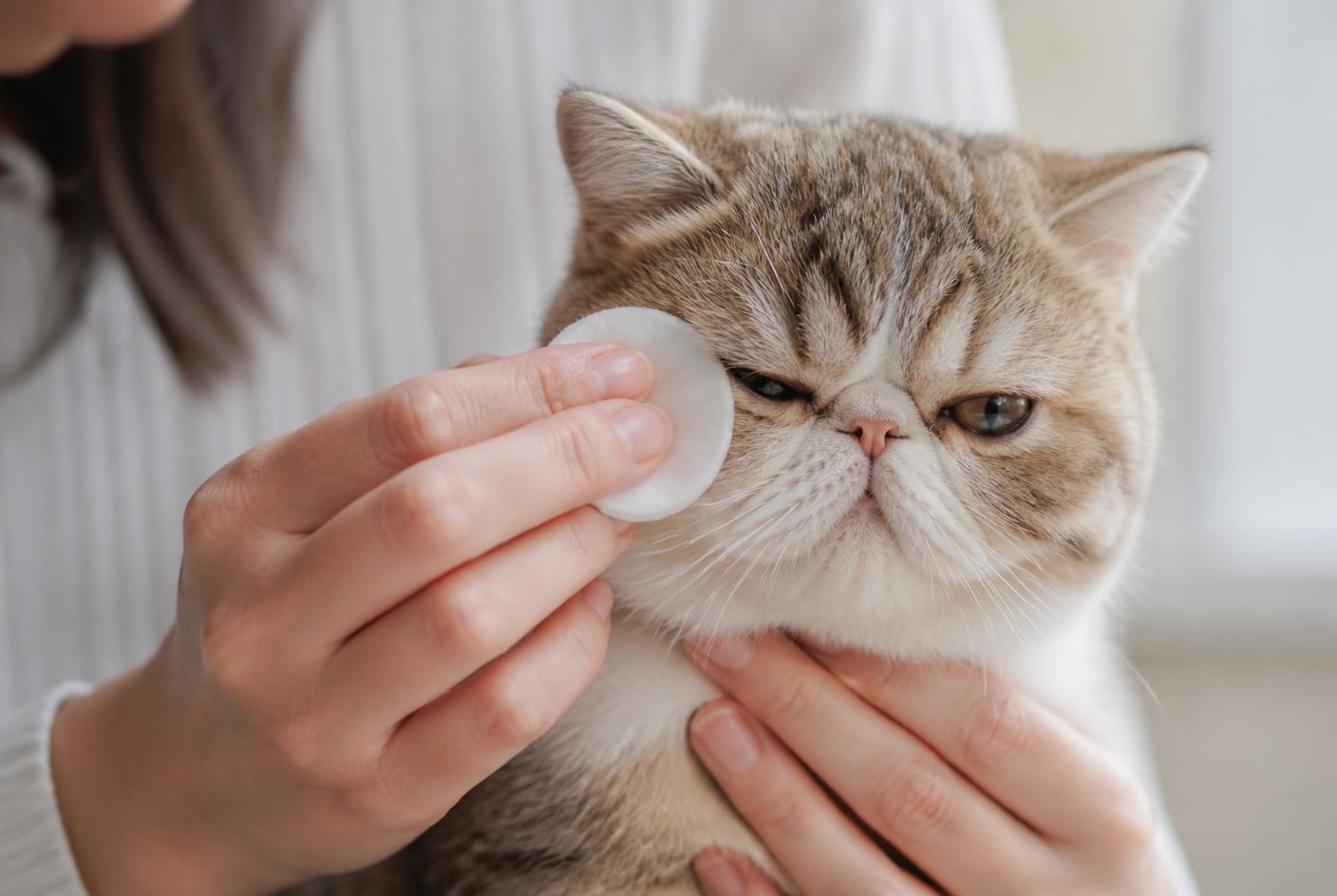 Person wiping an Exotic Shorthair cat's eye area with a soft damp pad