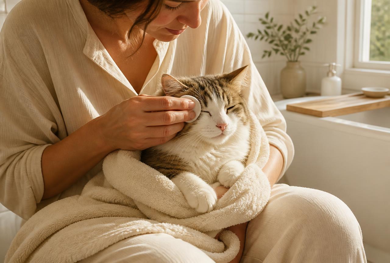 A person wiping a cat''s eye area with a damp cotton pad, the cat wrapped in a towel on their lap