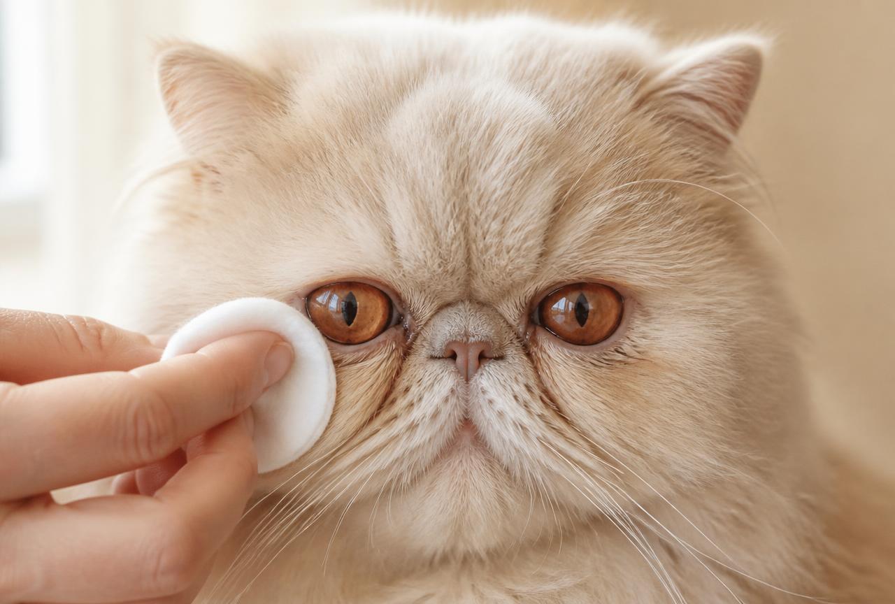 A person gently wiping under a Persian cat''s copper eye with a white cotton pad