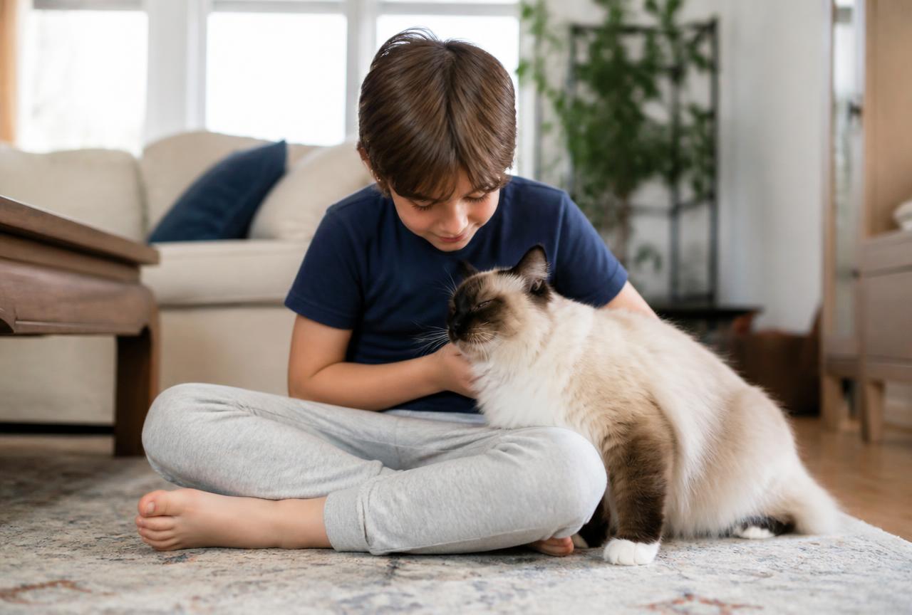Child sitting on a rug gently stroking a seal point Birman cat