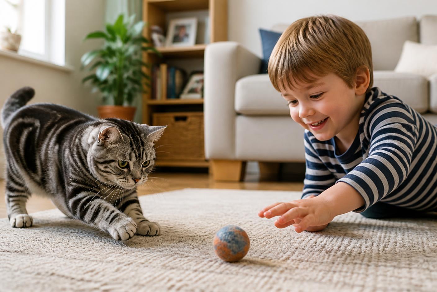 American Shorthair cat playing with a young child rolling a ball on a rug