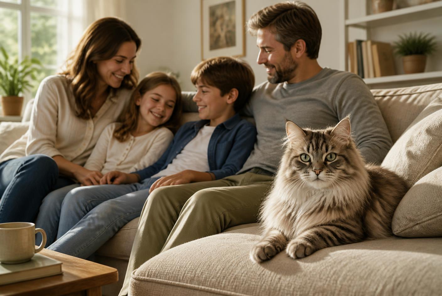 Siberian cat sitting calmly on a sofa beside a family