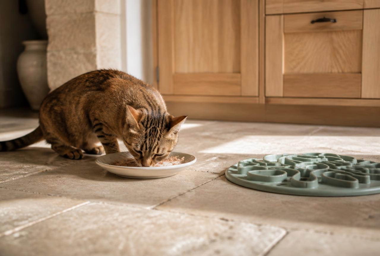 A tabby cat eating quickly from a shallow ceramic saucer on a stone floor with a green slow-feeder mat beside it