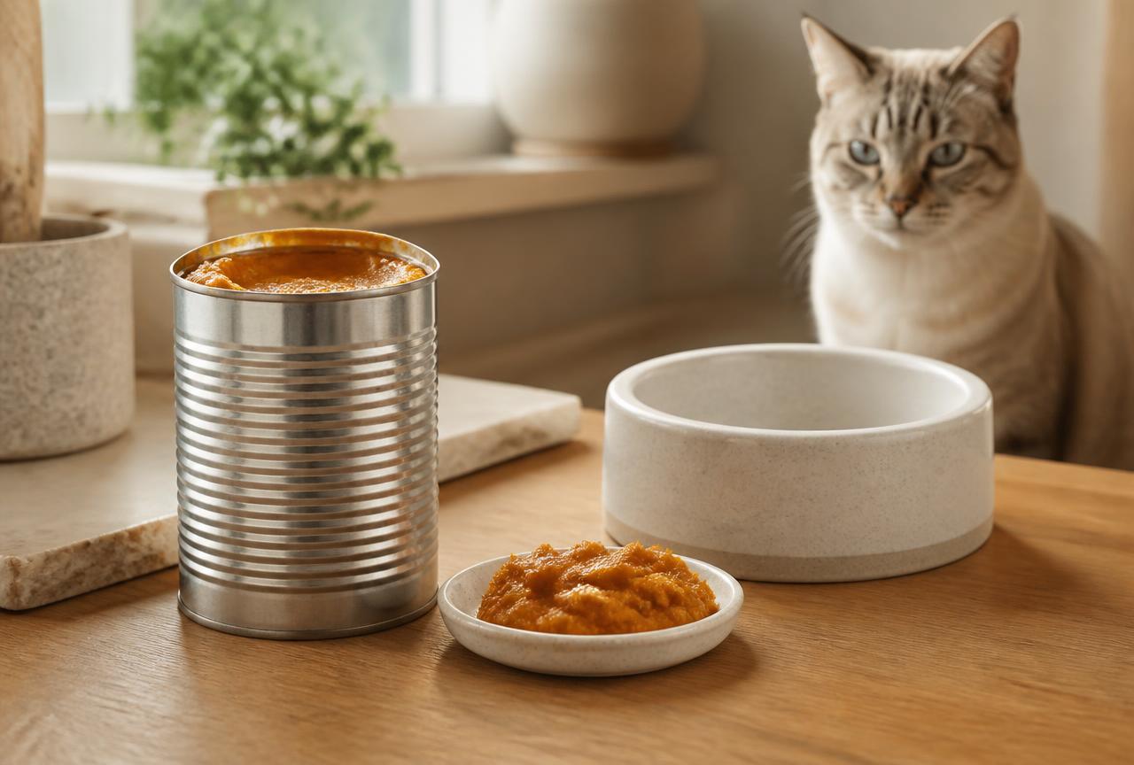 A plain tin and saucer of pumpkin puree beside a cat bowl on an oak counter