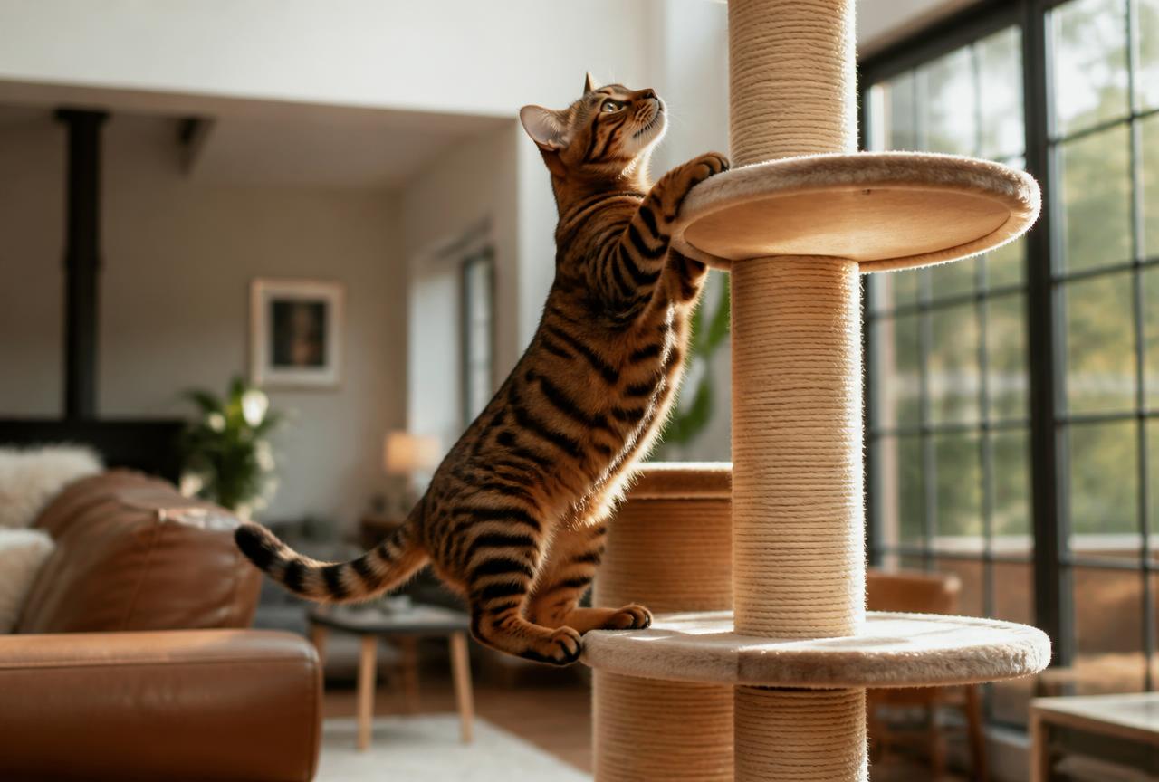 A Toyger cat climbing a tall cat tree in a large living room