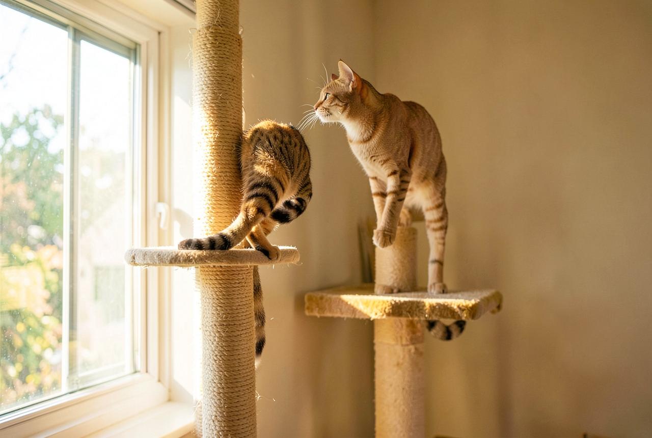 An Egyptian Mau perched high on a tall cat tree beside a bright window.