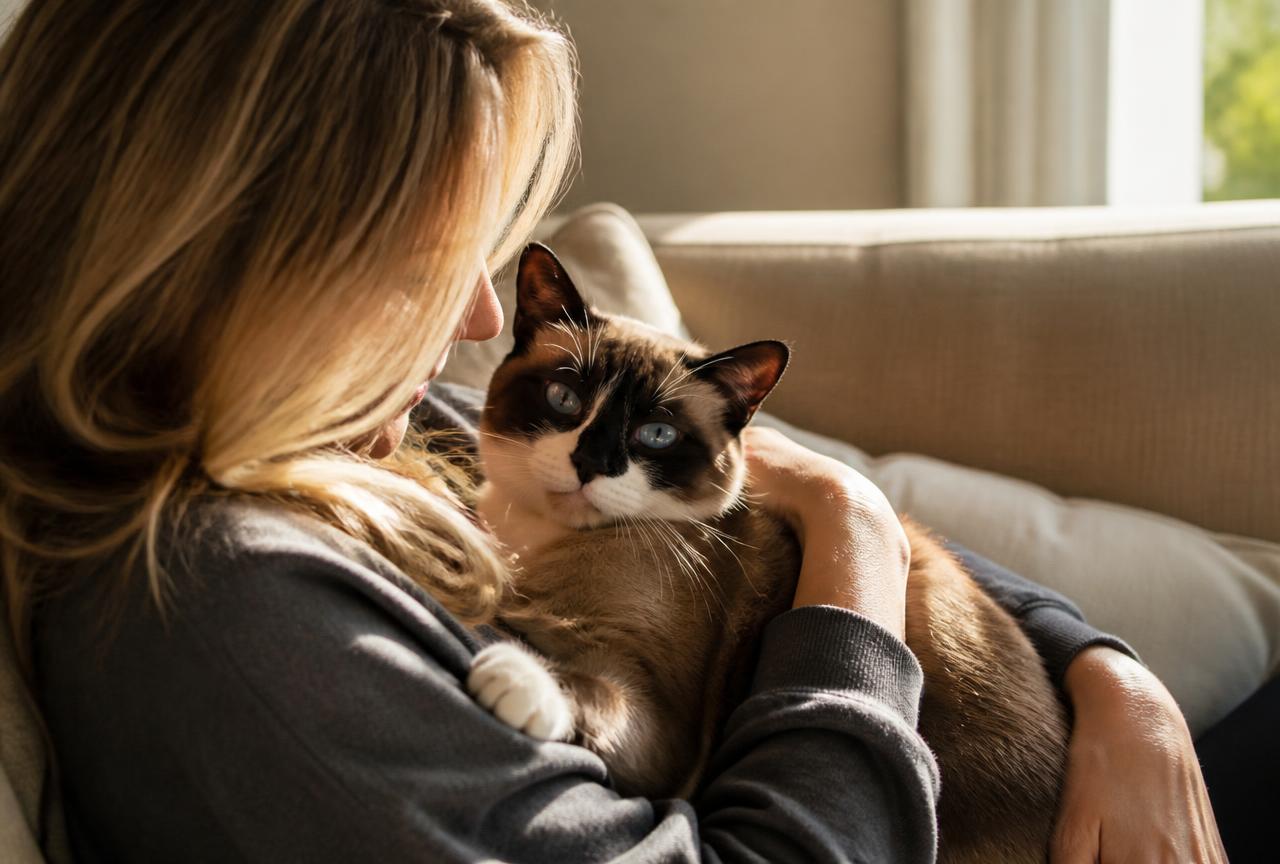 A Snowshoe cat cuddling on a sofa with an adult in a quiet home