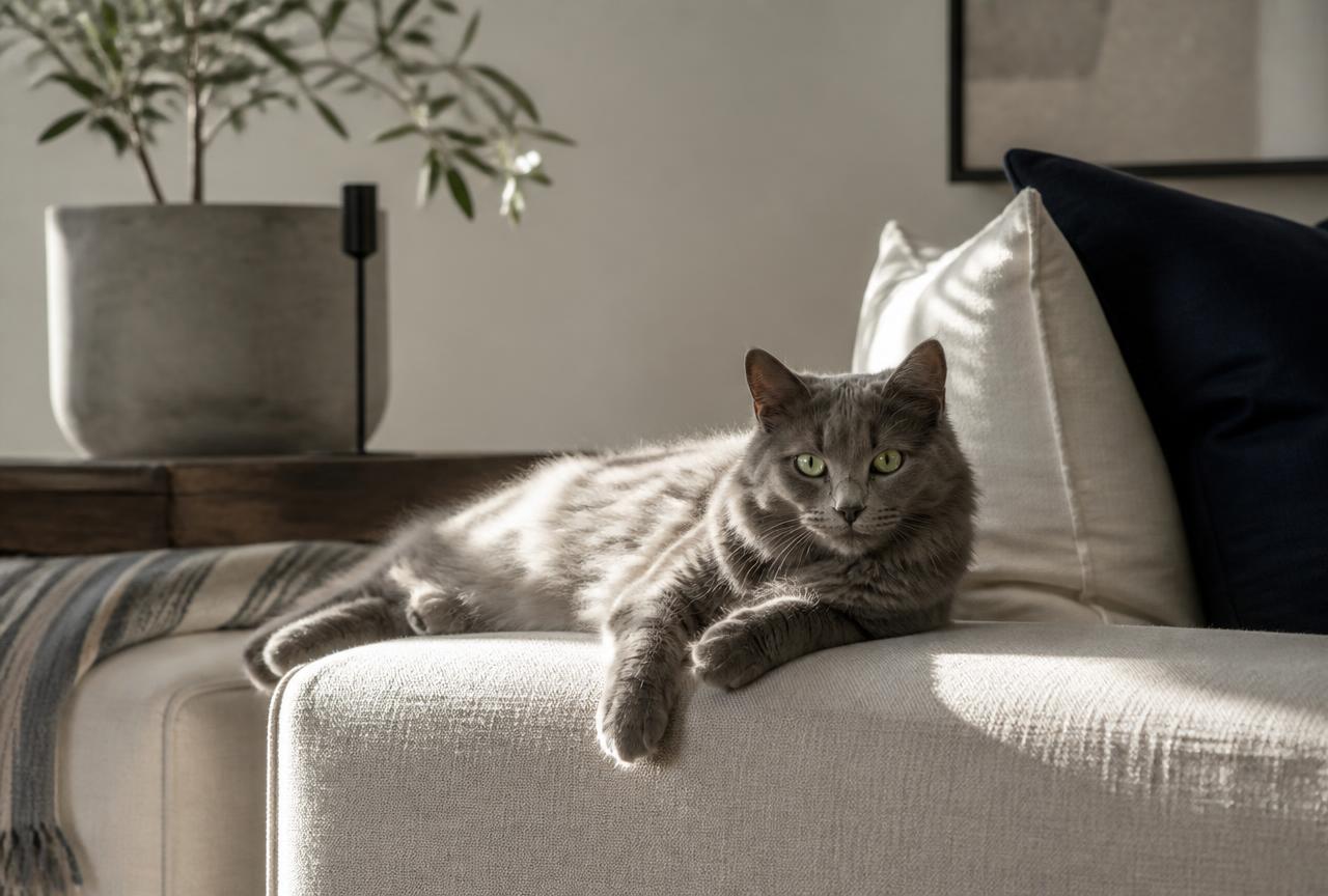 A Nebelung cat relaxing in a quiet adult home with soft afternoon light