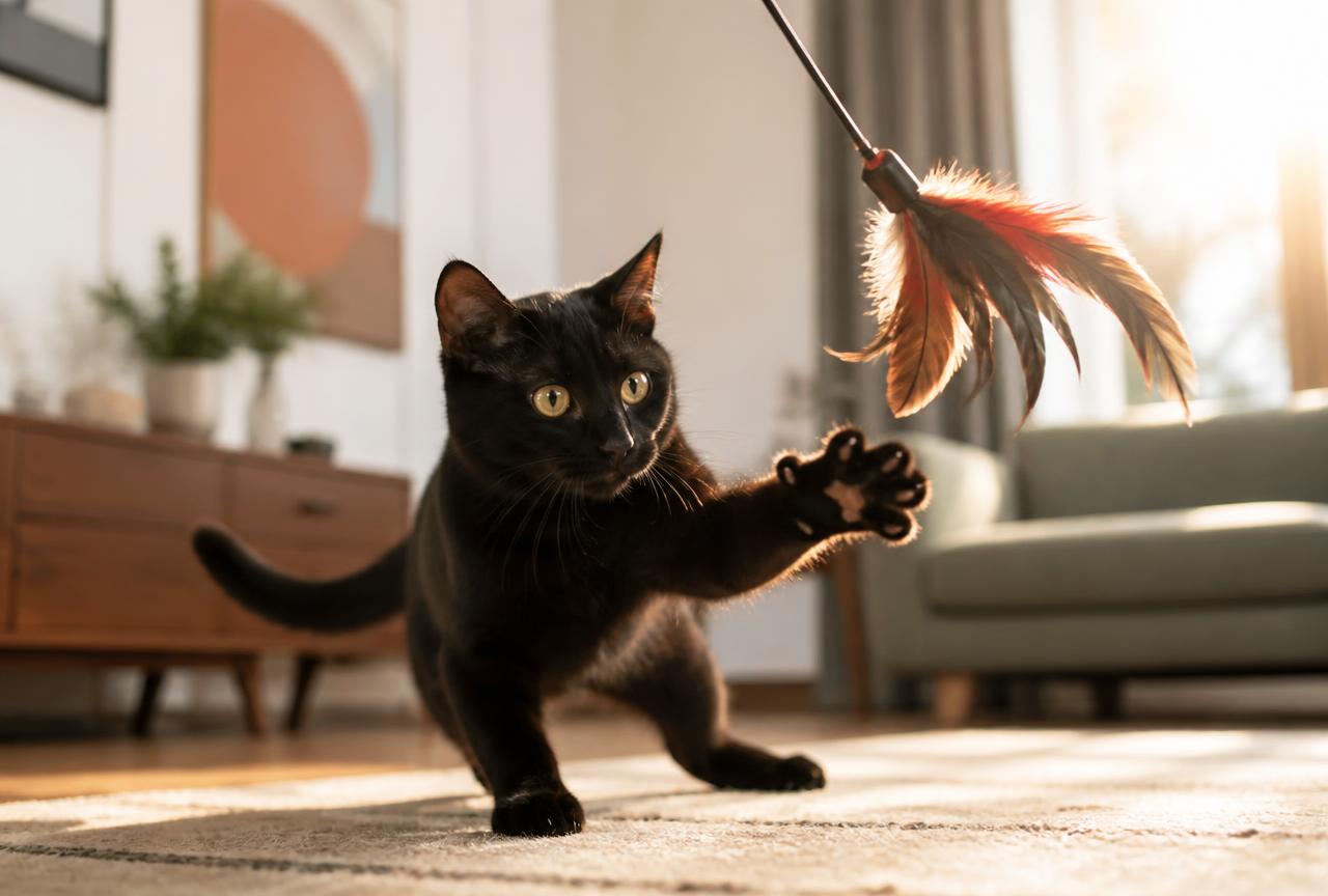 A Bombay cat playing with a feather wand in a modern living room