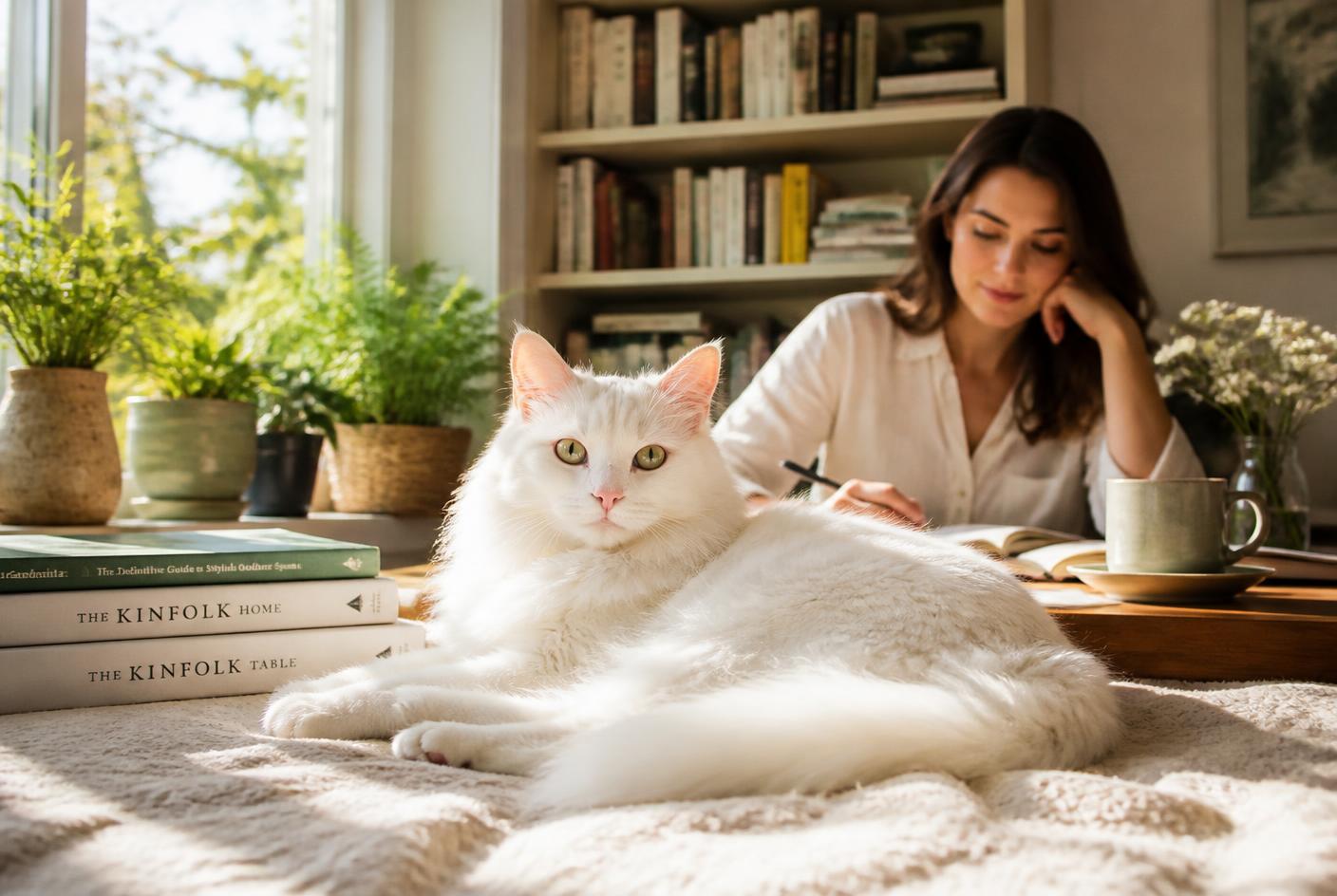 A Turkish Angora relaxing on a window perch in a calm, bright room.