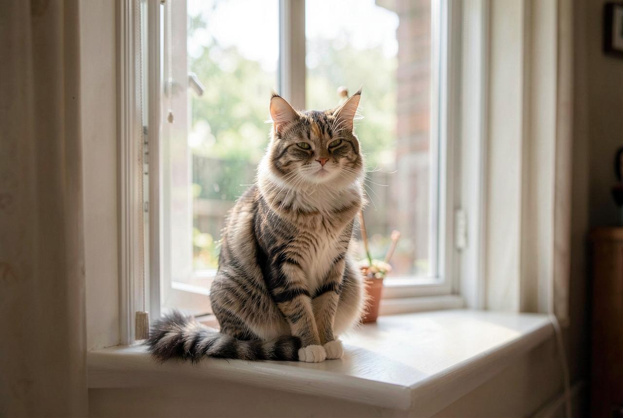 A Ragamuffin resting on a wide window perch next to a tall scratching post