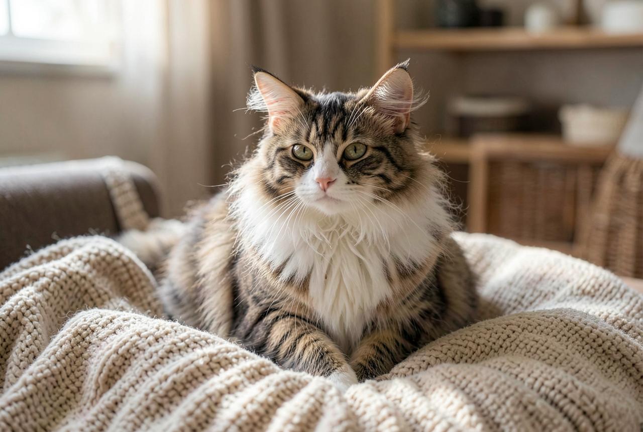 A longhaired cat on a wide indoor perch with a scratching post nearby