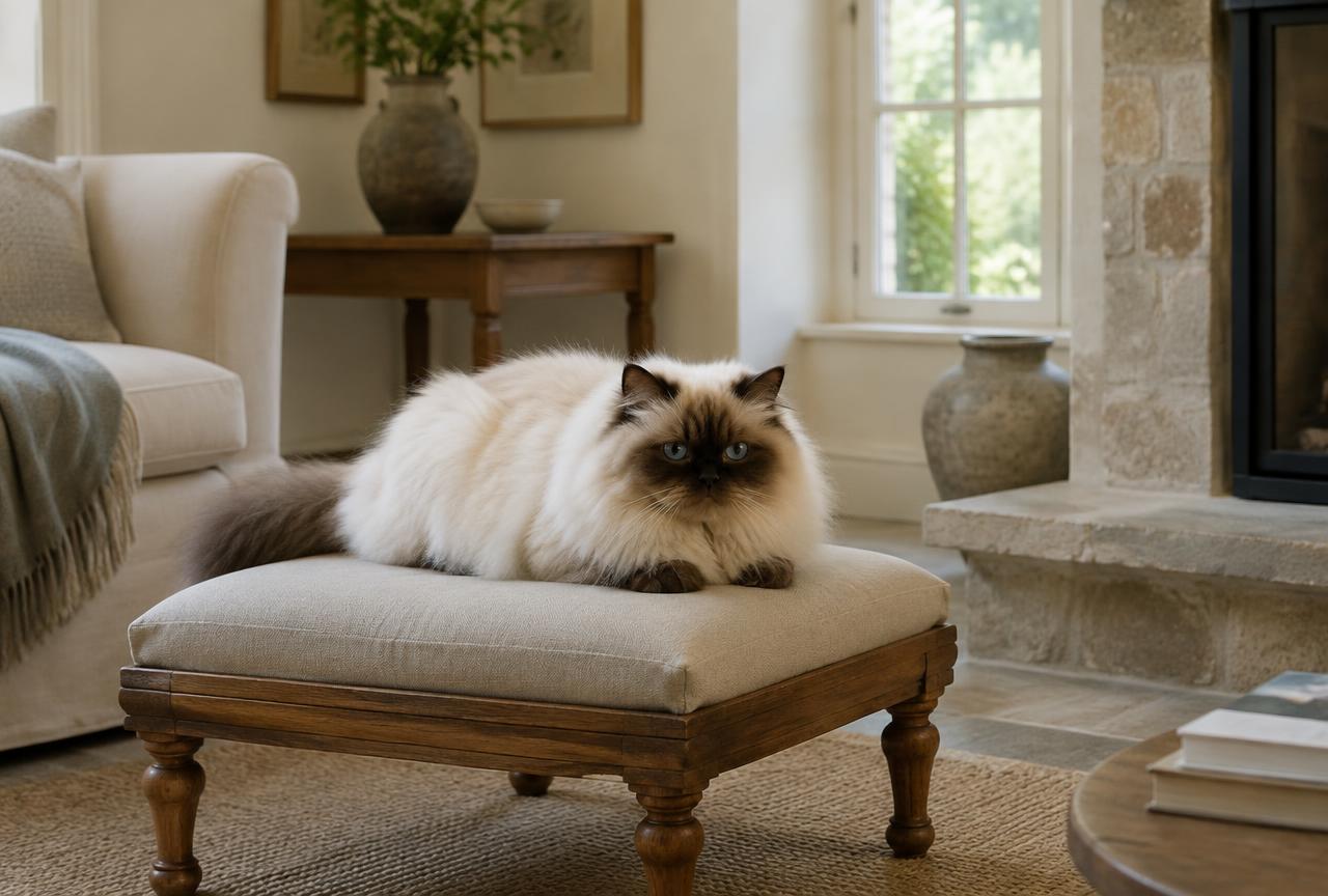 A Himalayan cat resting on a low cushioned stool in a calm cream sitting room