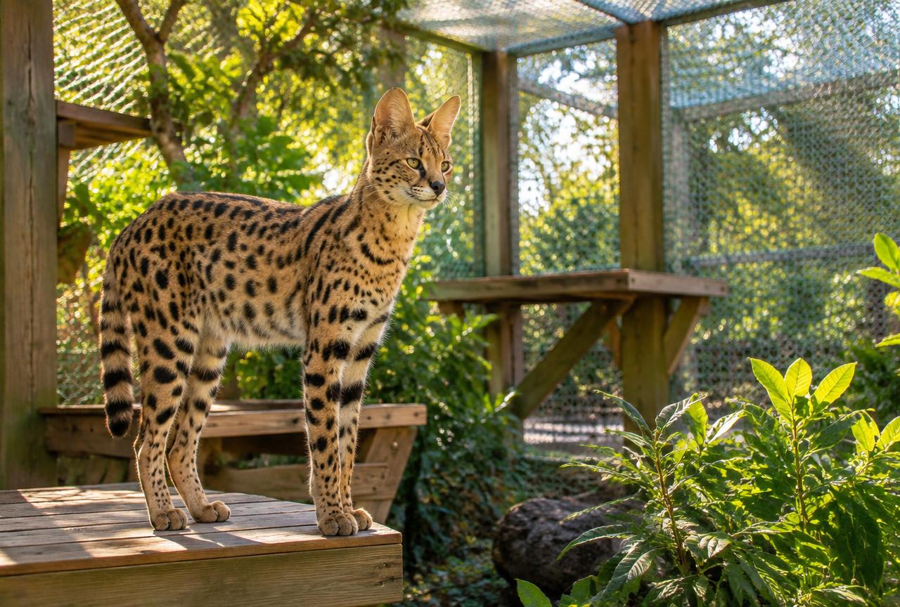 A spotted Savannah cat on a wooden platform inside a large secure mesh garden enclosure