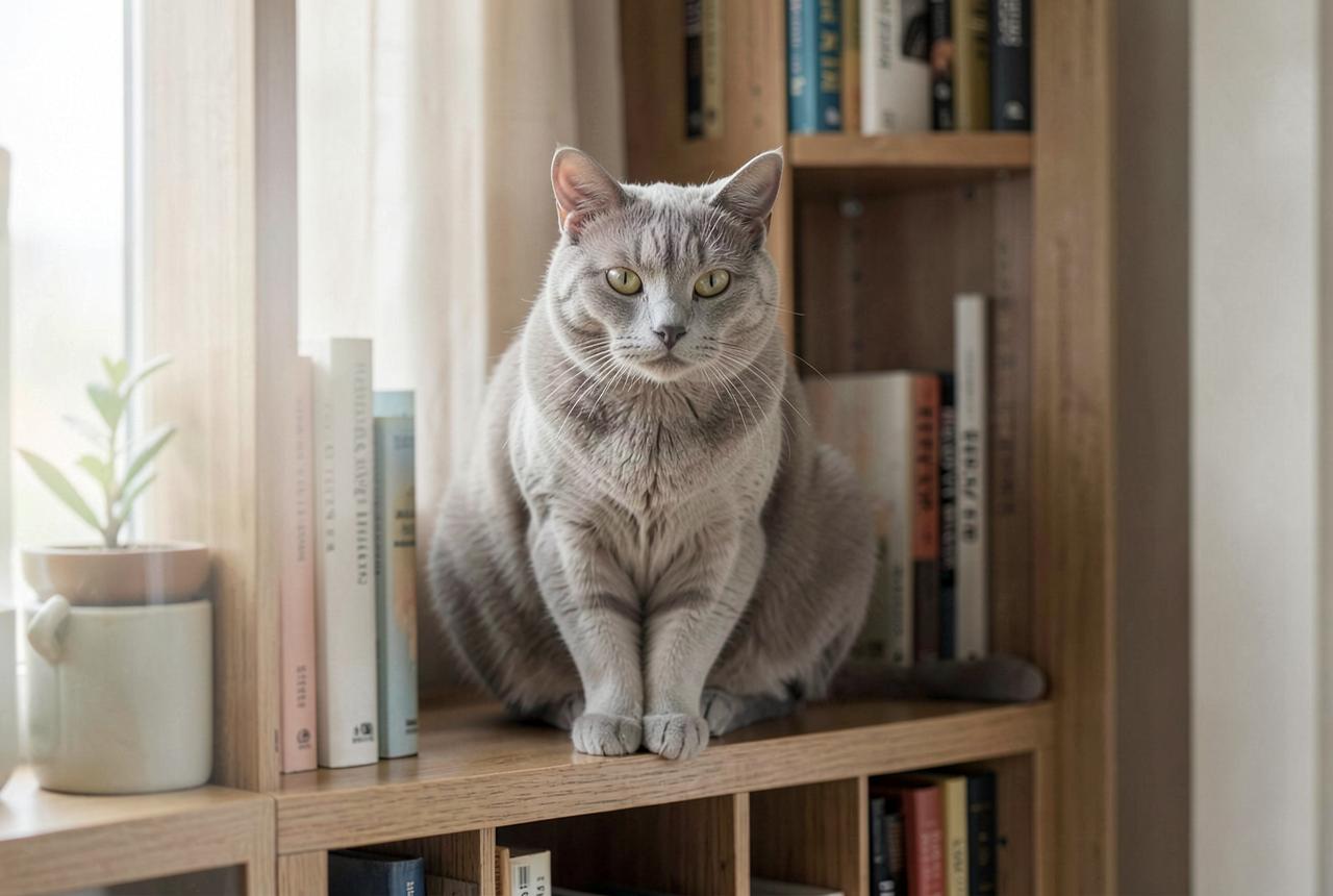 A Korat curled on a high cat shelf overlooking a quiet room