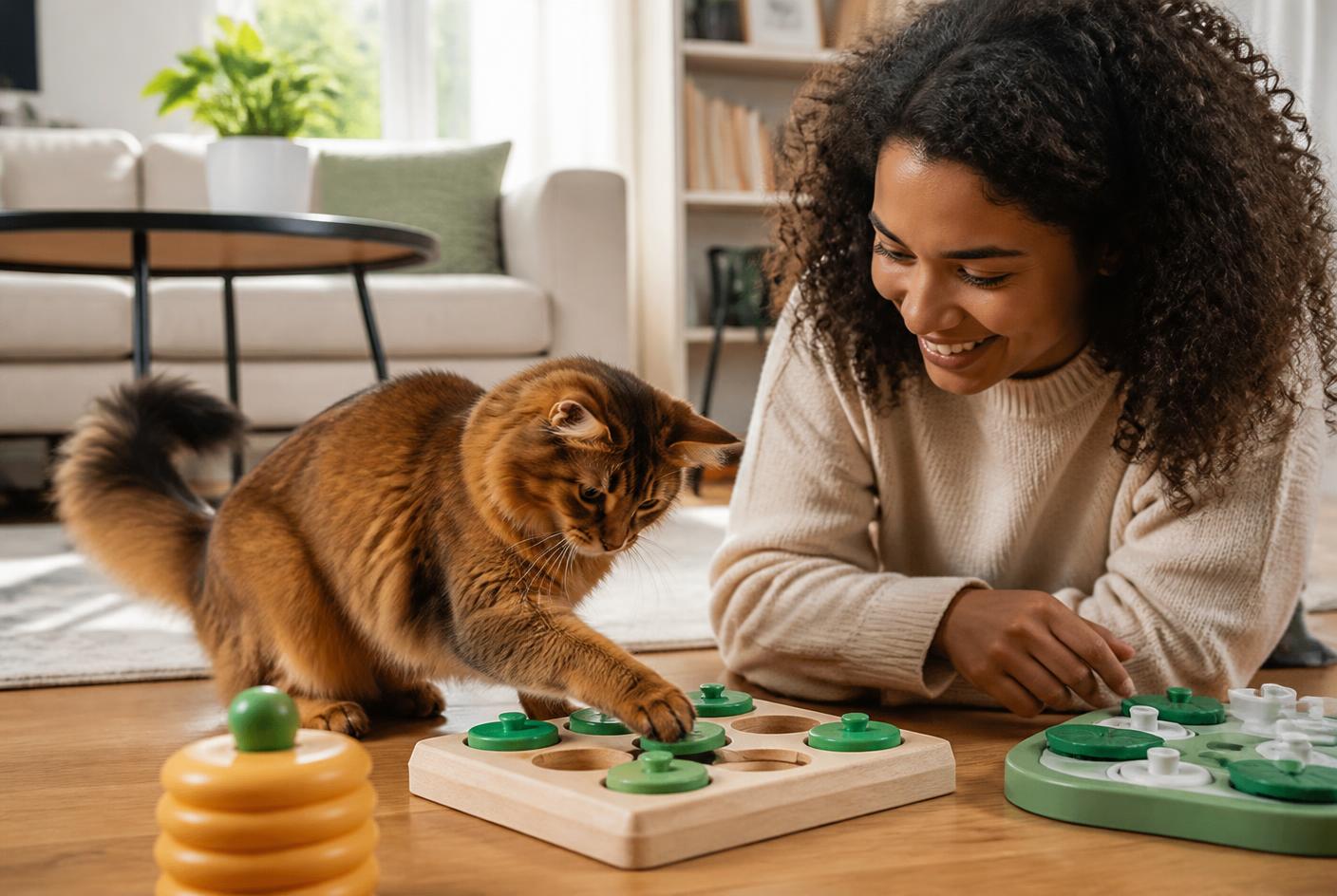 A Somali cat leaping toward a feather toy in a living room with climbing shelves.