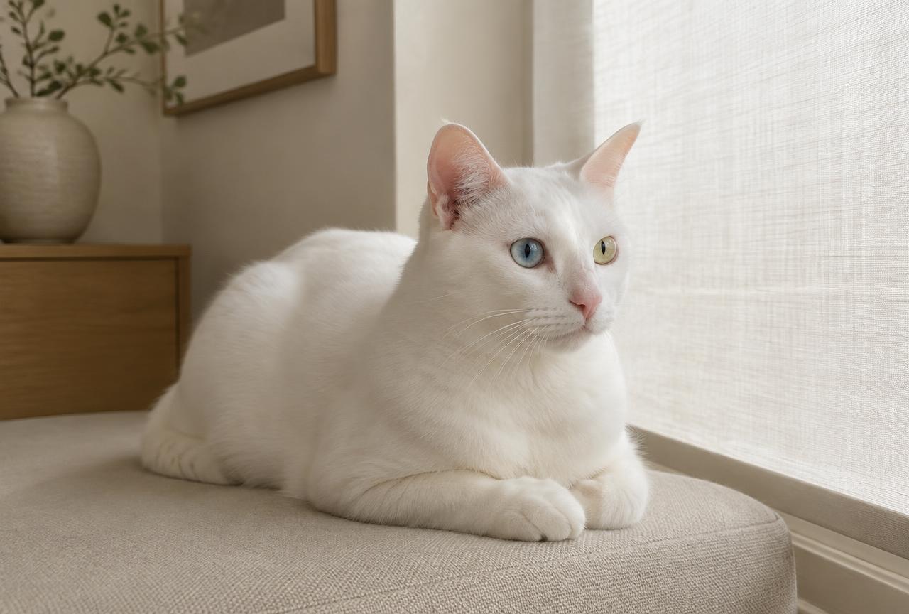 A white Khao Manee cat resting in indirect light beside a window with a sheer blind