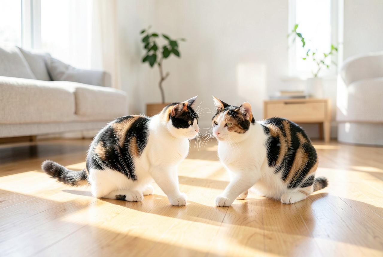 A Japanese Bobtail playing with a child in a bright living room.