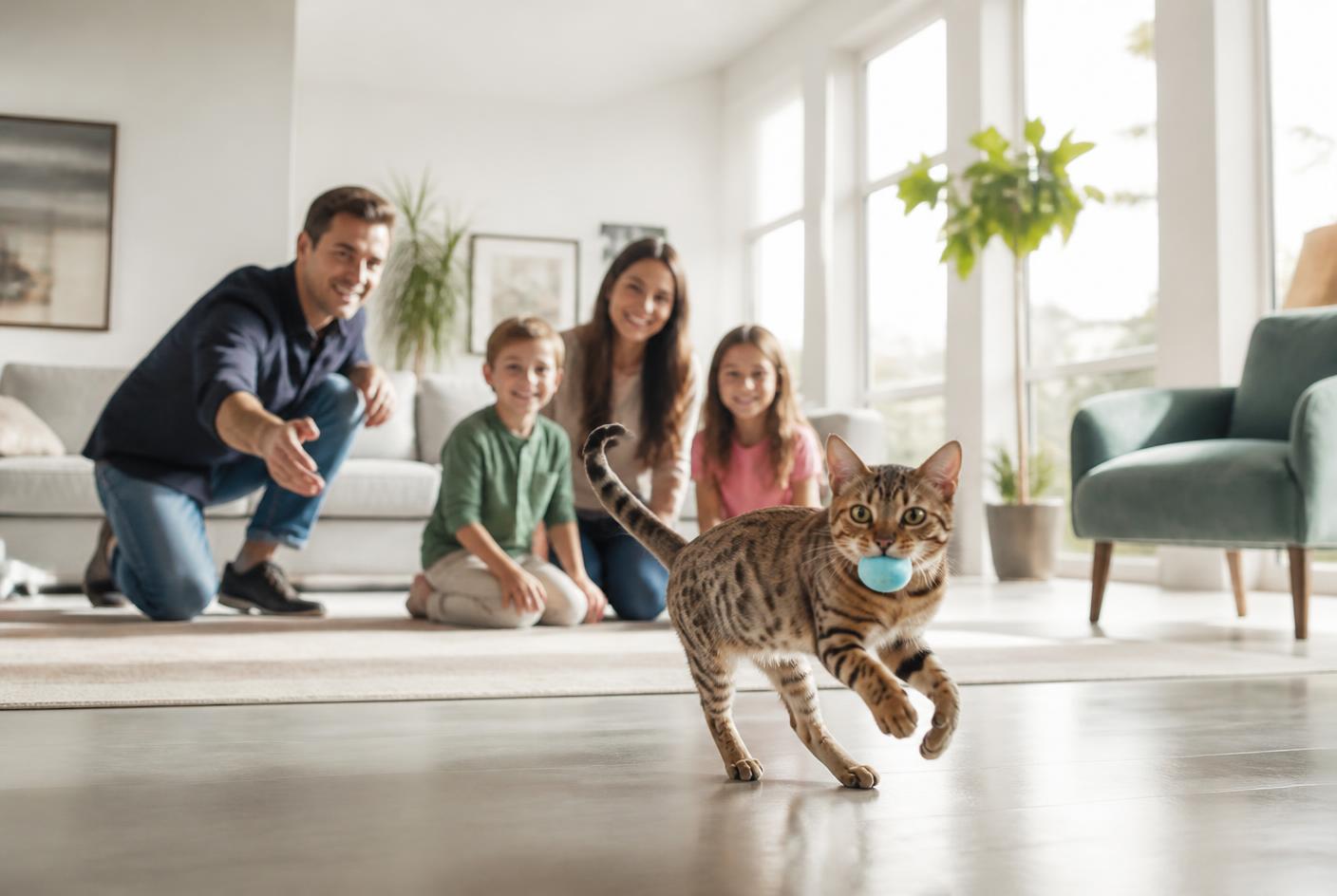 An Ocicat climbing a tall cat tree in a bright living room.