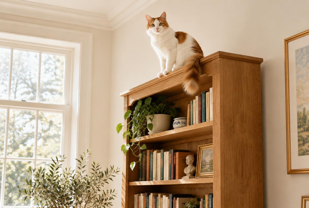 A white and auburn Turkish Van cat perched on top of a tall oak bookshelf