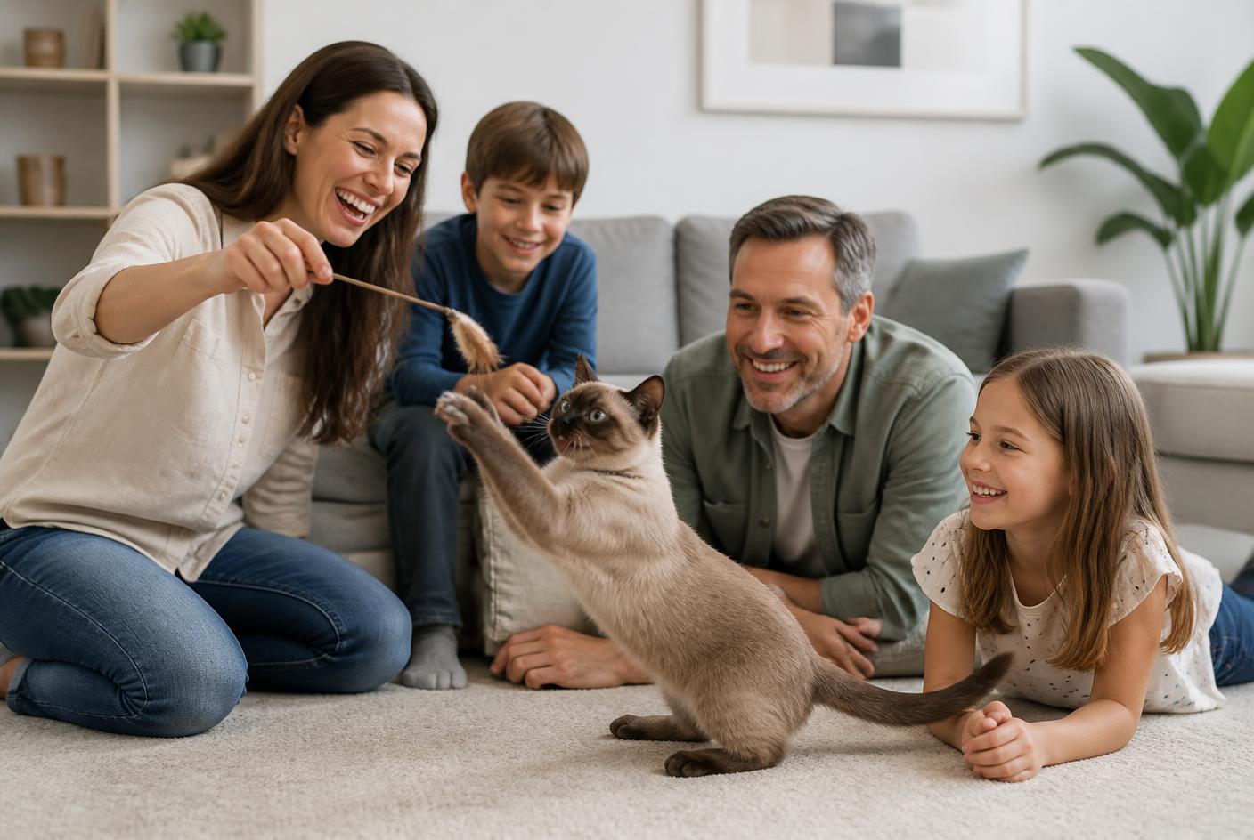 A Tonkinese cat sitting beside a person on a sofa, illustrating its people-oriented nature.