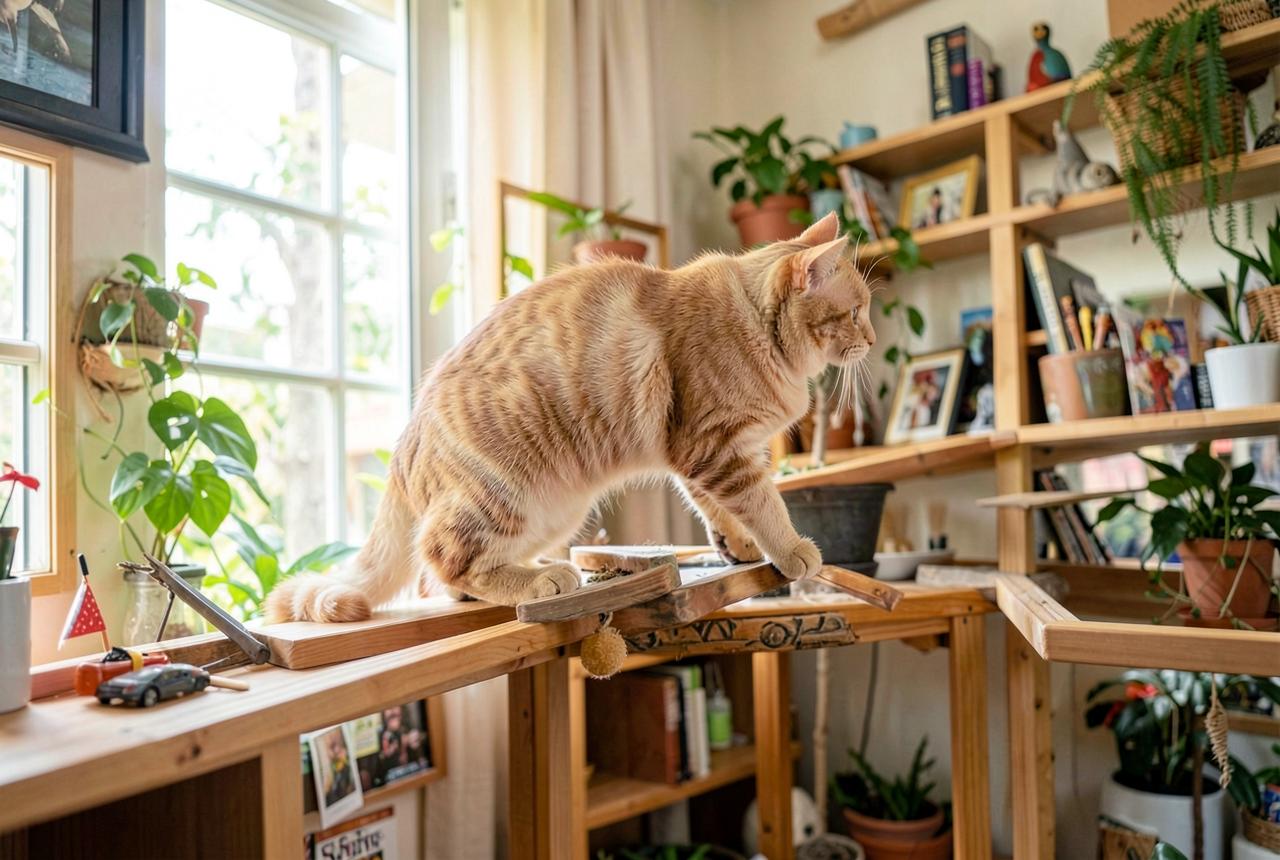 A Singapura playing with a puzzle feeder on a high platform