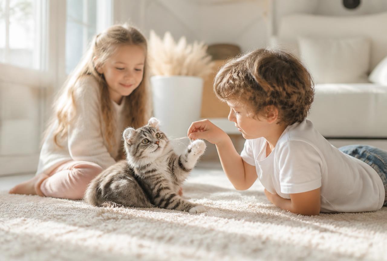 An American Curl cat playing with children on a rug in a bright family room