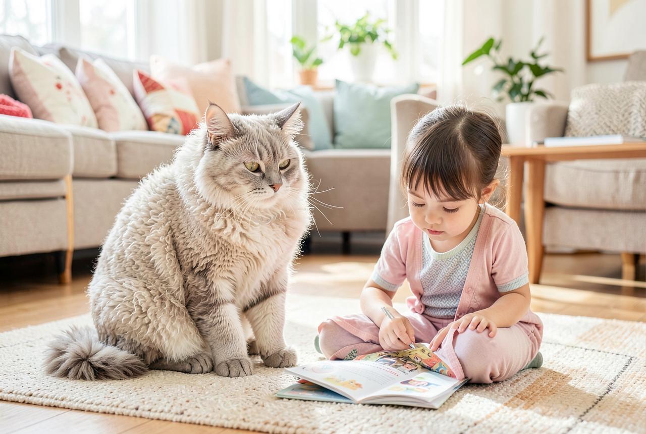 A Selkirk Rex cat lying on a sofa beside its owner in a sunlit room.