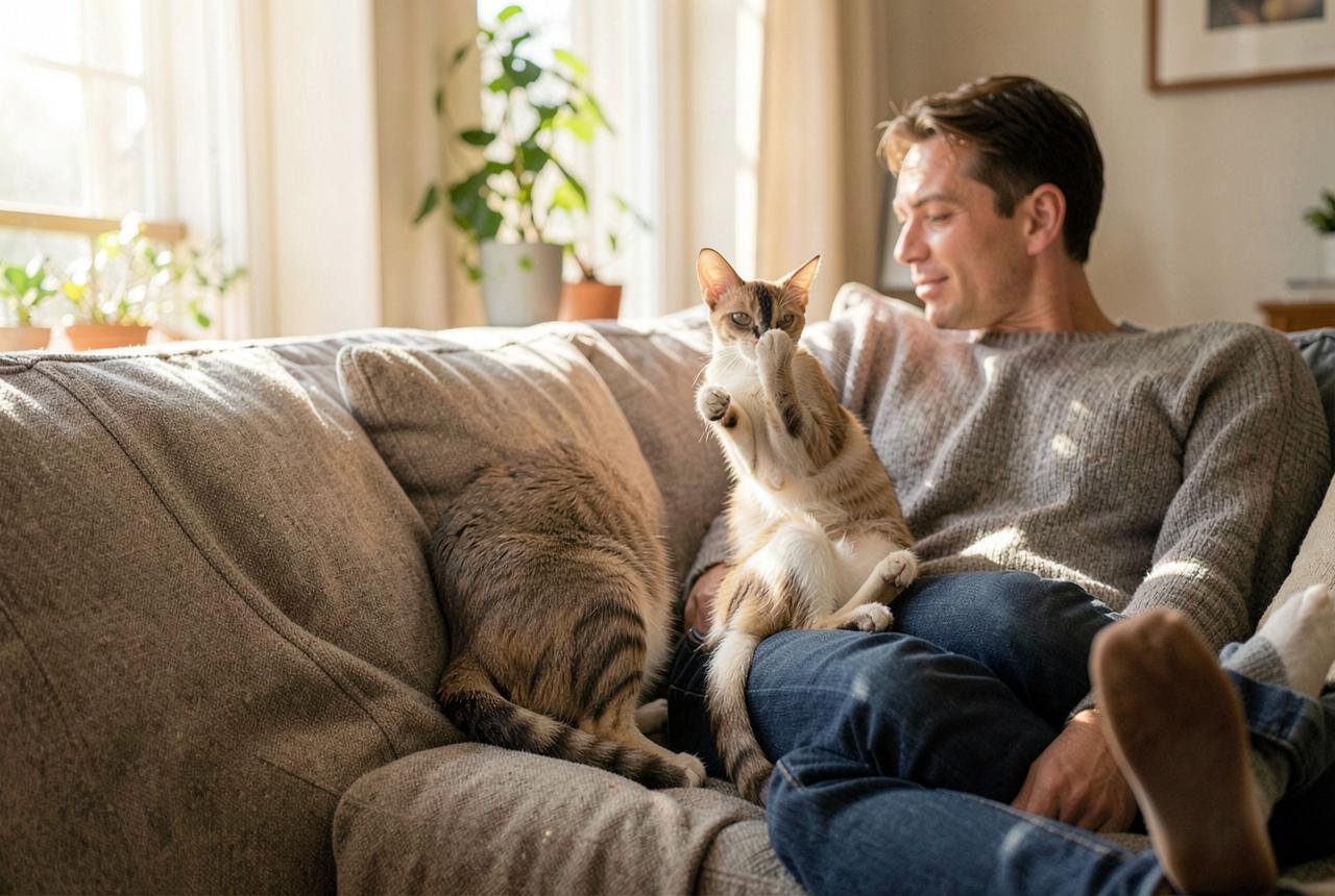 A Manx cat sitting beside its owner on a sofa in a sunlit room.