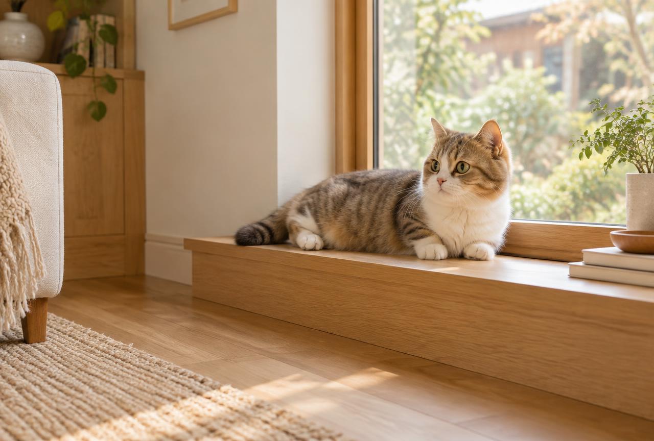 A Munchkin cat resting on a low window shelf in warm daylight