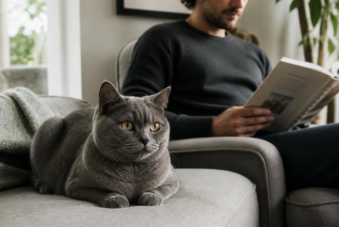 A Chartreux cat sitting on a linen chair in soft natural light, looking composed.