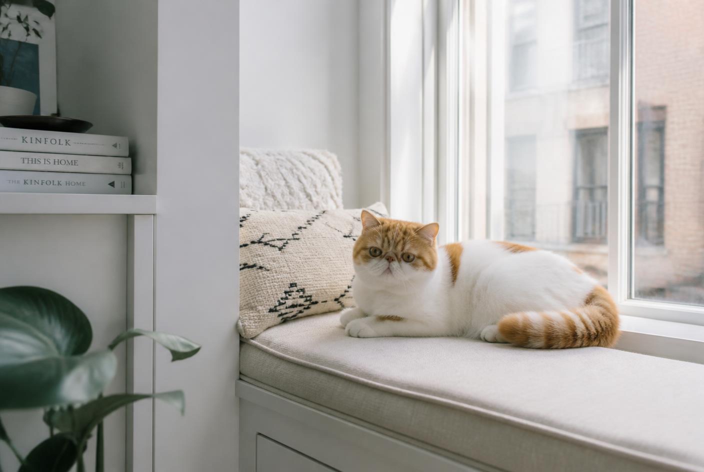 Exotic Shorthair cat resting on a low window seat in a bright apartment