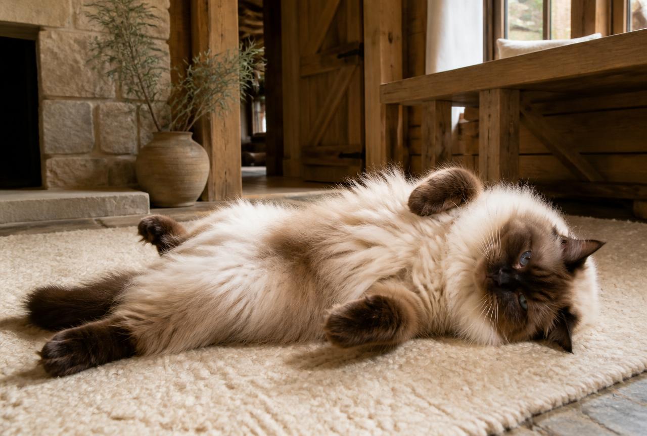 A large Ragdoll cat lying completely flopped on its back on a cream wool rug, legs loosely splayed