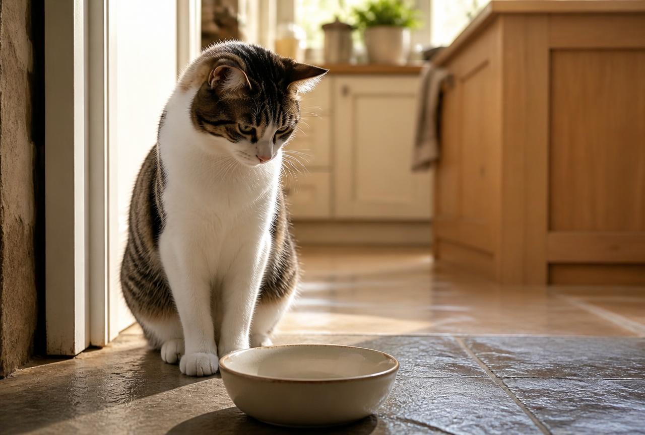 A cat staring at an empty food bowl in a sunlit kitchen