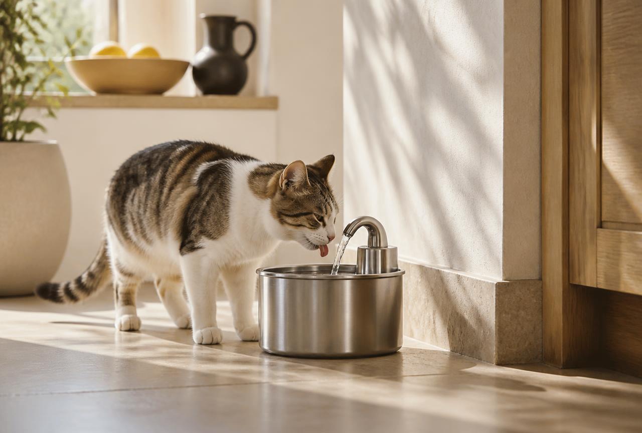 A tabby and white cat drinking from a gently flowing stainless steel pet water fountain in a bright kitchen
