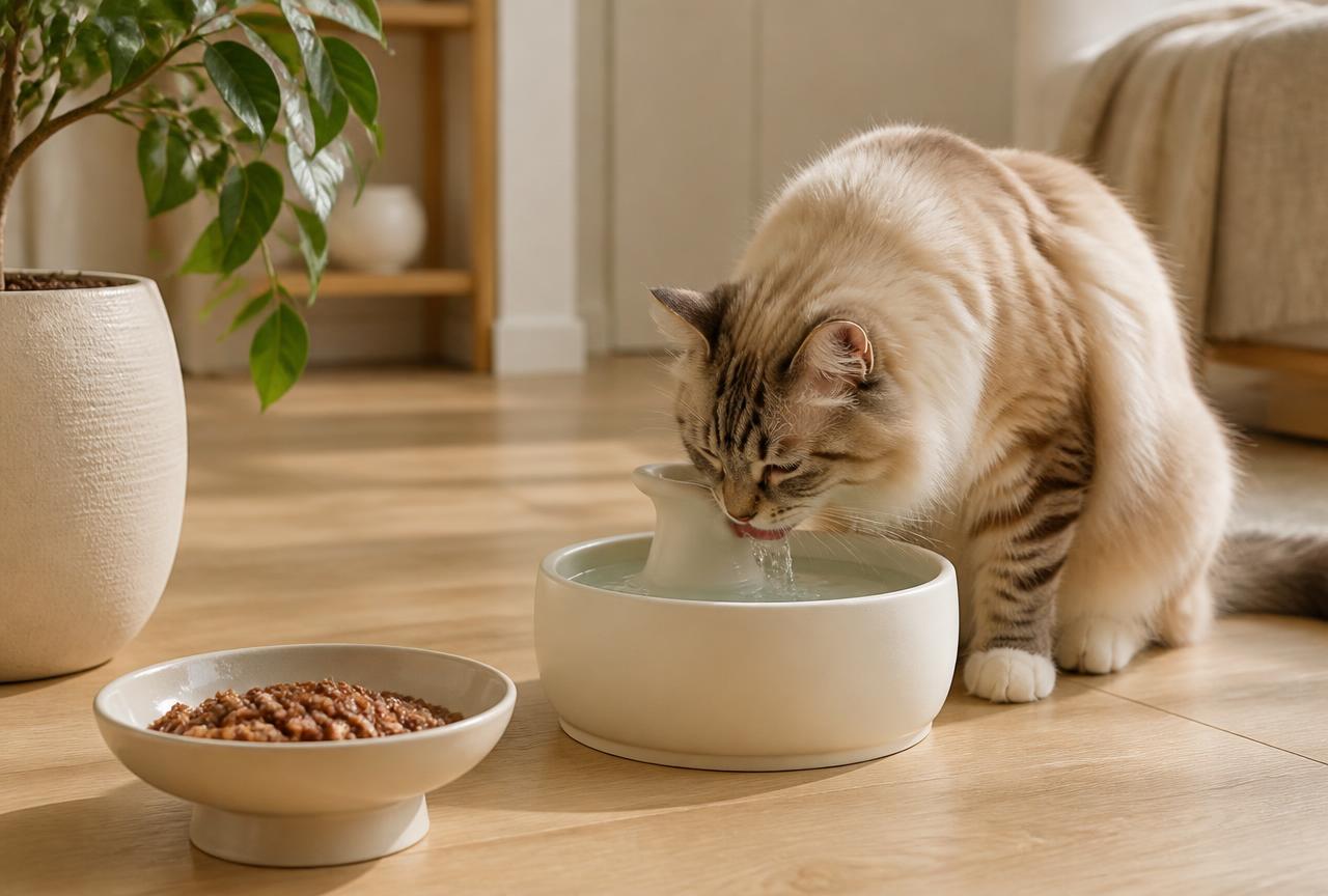 A long-haired cat drinking from a running water fountain beside a bowl of wet food on an oak floor