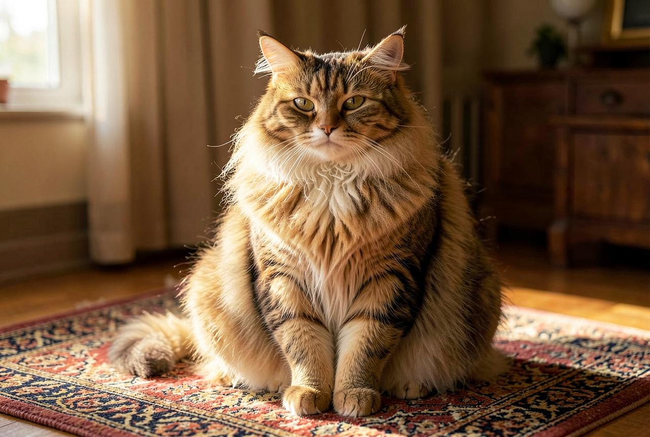 A large Ragamuffin sitting beside a tape measure and a person’s hand, showing broad bone and a plush coat