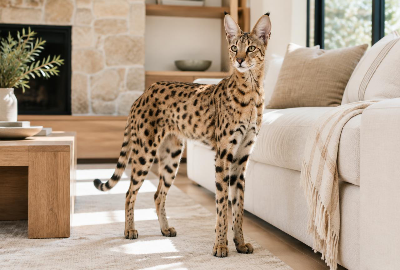 A tall spotted Savannah cat standing beside a cream sofa showing its long legs and large ears