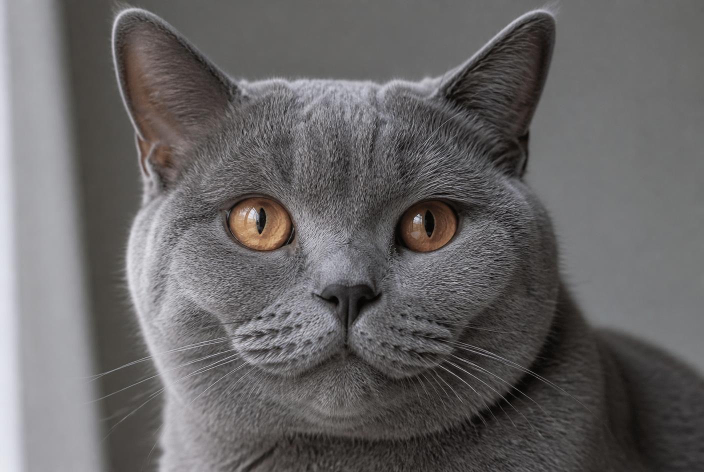 A blue Chartreux cat with copper eyes and a woolly coat sitting quietly.