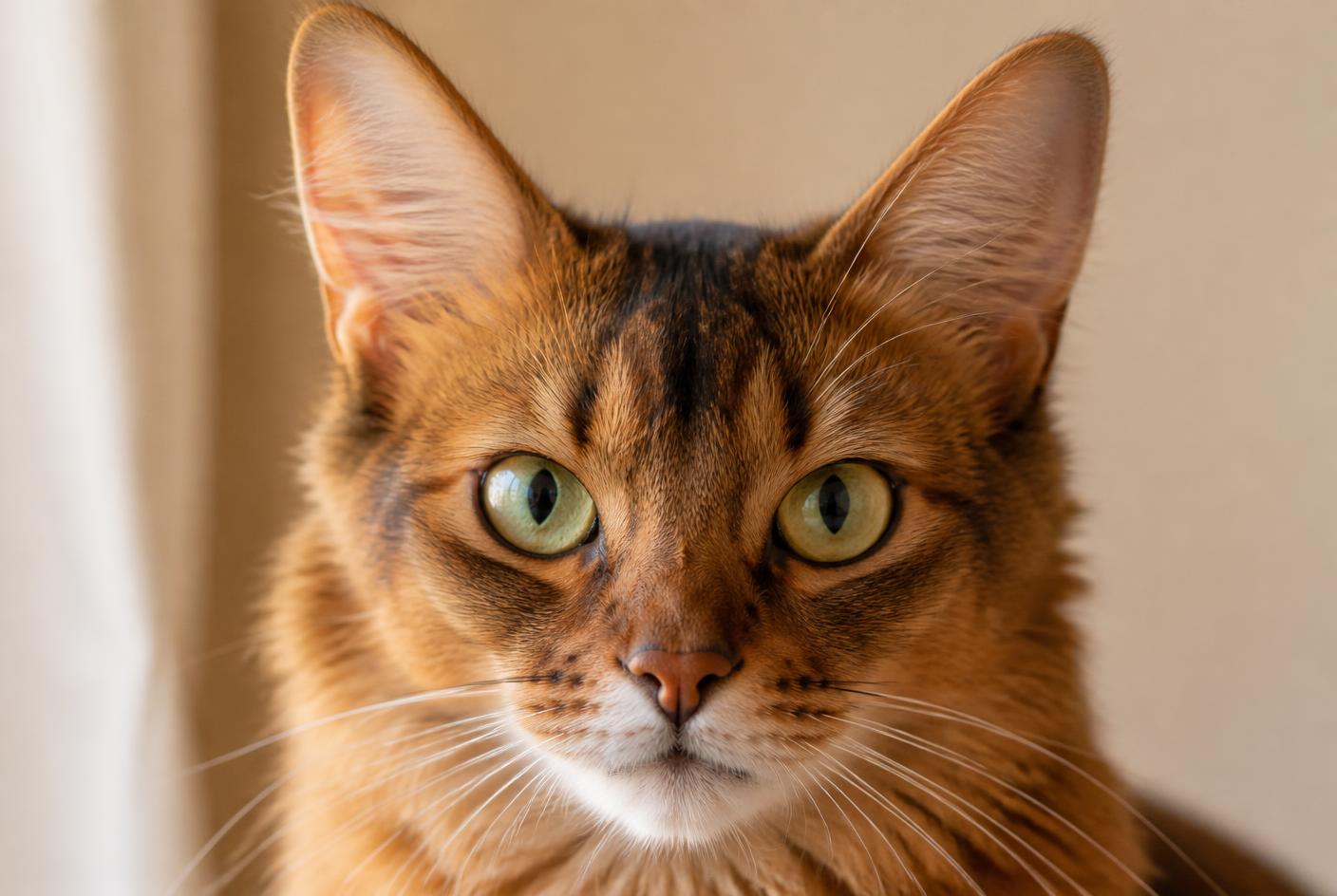 A ruddy Somali cat with a full ruff and bottle-brush tail in warm light.